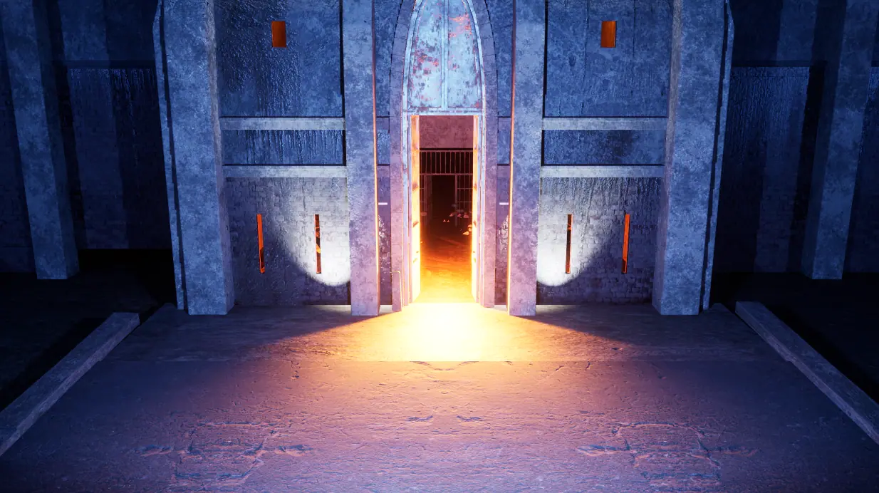 The arched main gate of the prison at night, warm light pouring from the open doorway into cold blue stone.